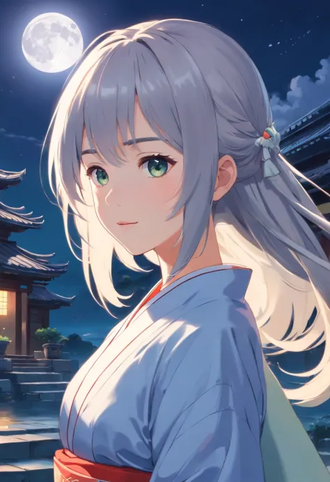 Long hair，the night，full moon，13-year-old silver-haired girl，Chinese Taoist kimono，A slight smil，Look at the lens