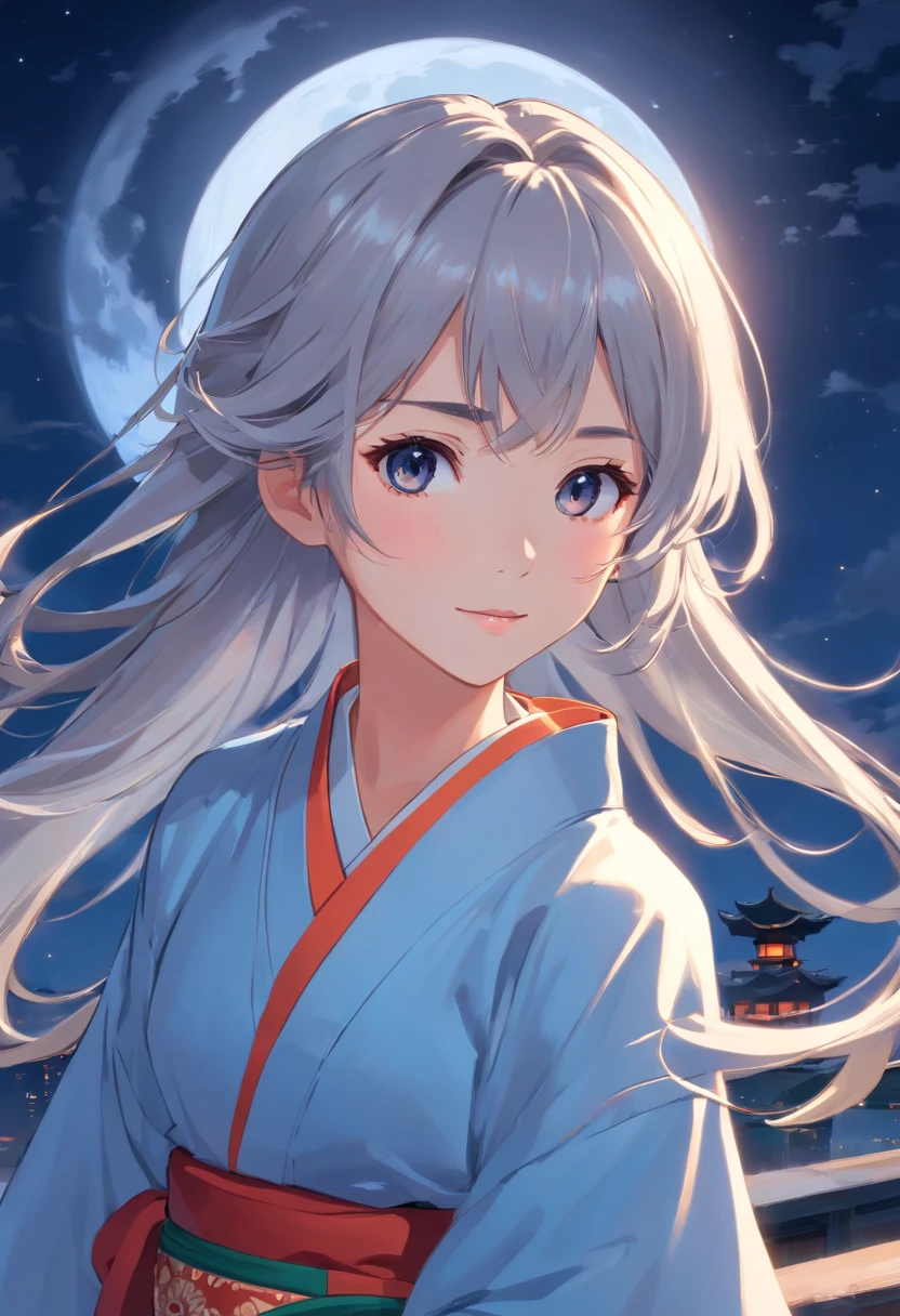 Long hair，the night，full moon，13-year-old silver-haired girl，Chinese Taoist kimono，A slight smil，Look at the lens