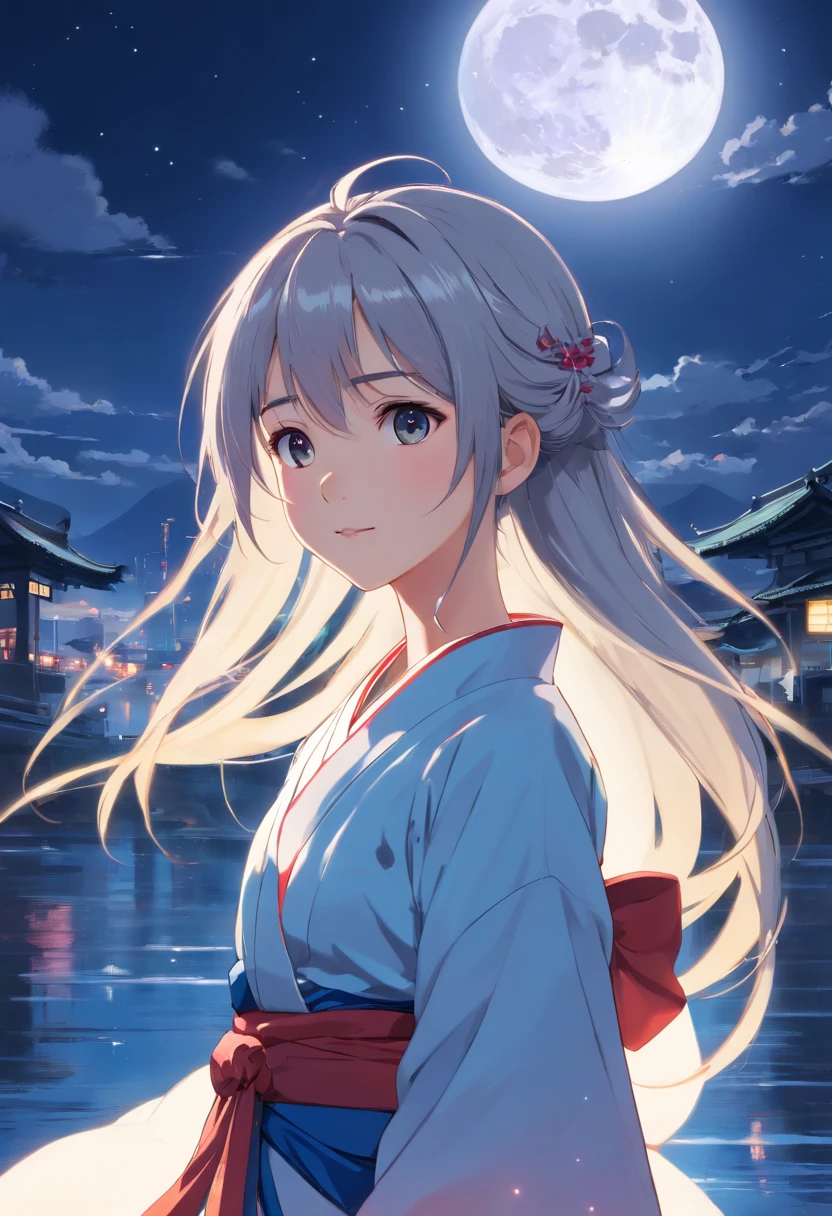 Long hair，the night，full moon，13-year-old silver-haired girl，Chinese Taoist kimono，A slight smil，Look at the lens