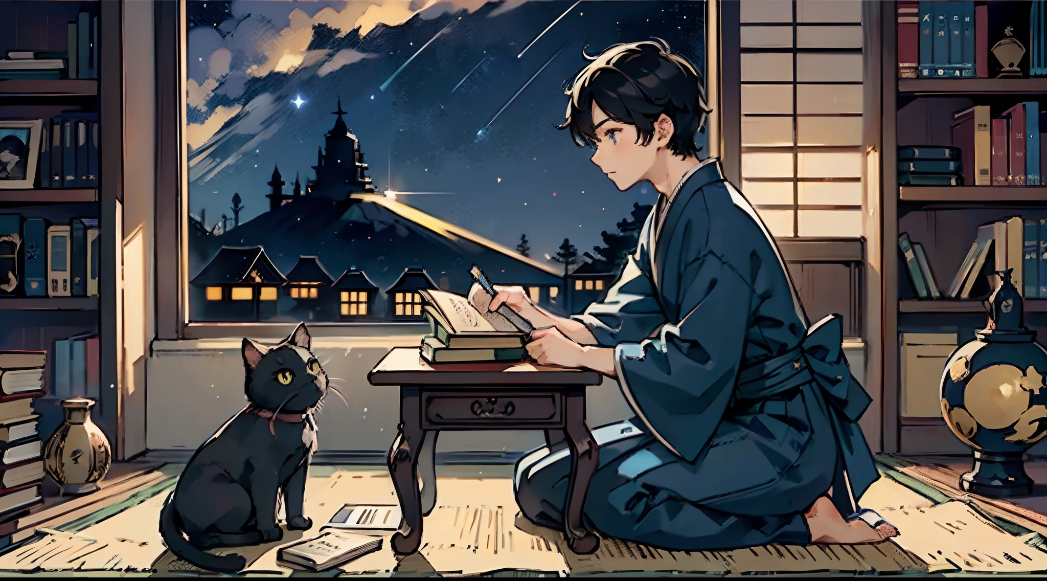 #Quality (intricate-detail、ultra-detailliert:1.2,cinematic shot),
#night landscape (navy blue night sky,star),
#one writing boy (16 male、writer,Honor Students、A dark-haired、short-hair、hakama,sit flat),
#dark room (only one candle,books on desk,pretty tatami,a lot of books,bookshelf,black cat)
