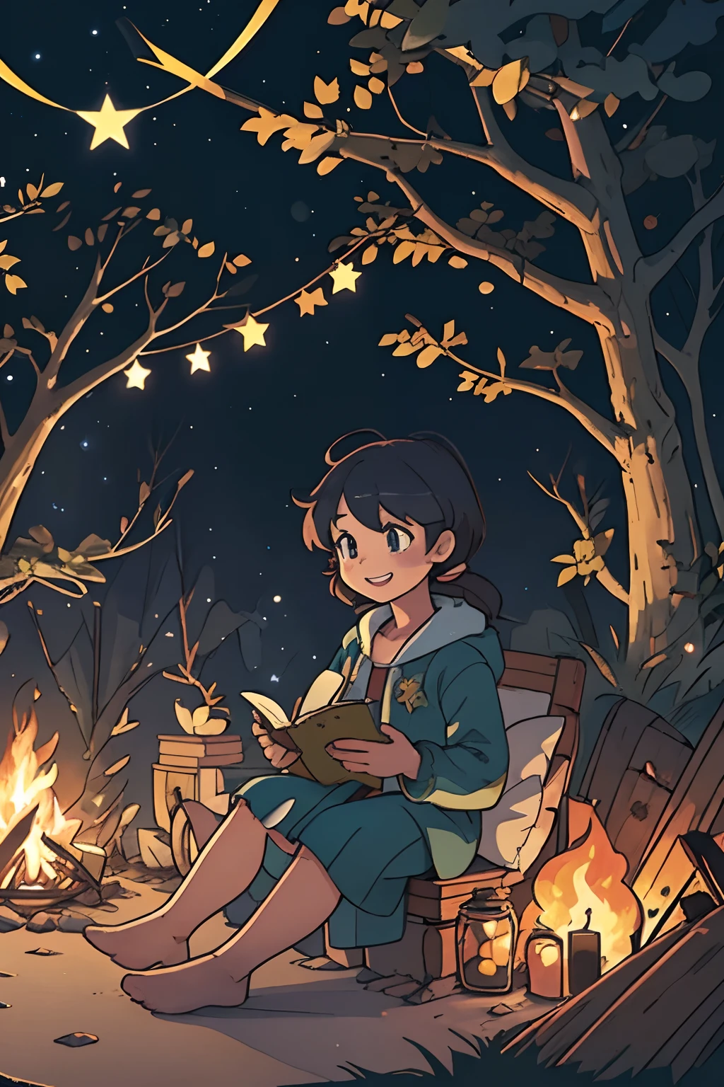 A starry night in a Pokémon world. A young Pokémon trainer is sitting near a cozy campfire in the forest. She is surrounded by her faithful Pokémon, who are lying beside her. She's reading an old book, and the pages, illuminated by the fire, display a map of a mysterious location in the Pokémon world, The young trainer has a smile on her face, and her Pokémon look relaxed and content by her side. The campfire's light casts dancing shadows on the nearby trees, and the stars shine brightly in the night sky. There's a sense of calm and magic in the air as the trainer gets lost in the stories of the Pokémon world.