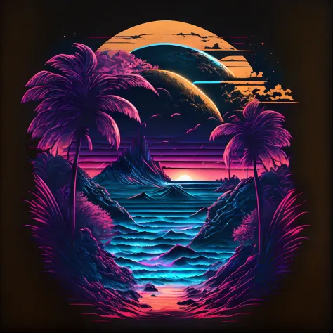 beach at night, with black background，t-shirt design, midjourney, vectorial art, hydro74