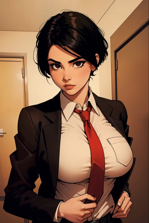 woman, short black hair, wearing a brown office jacket, red tie, checking pockets, looking at files, no background,