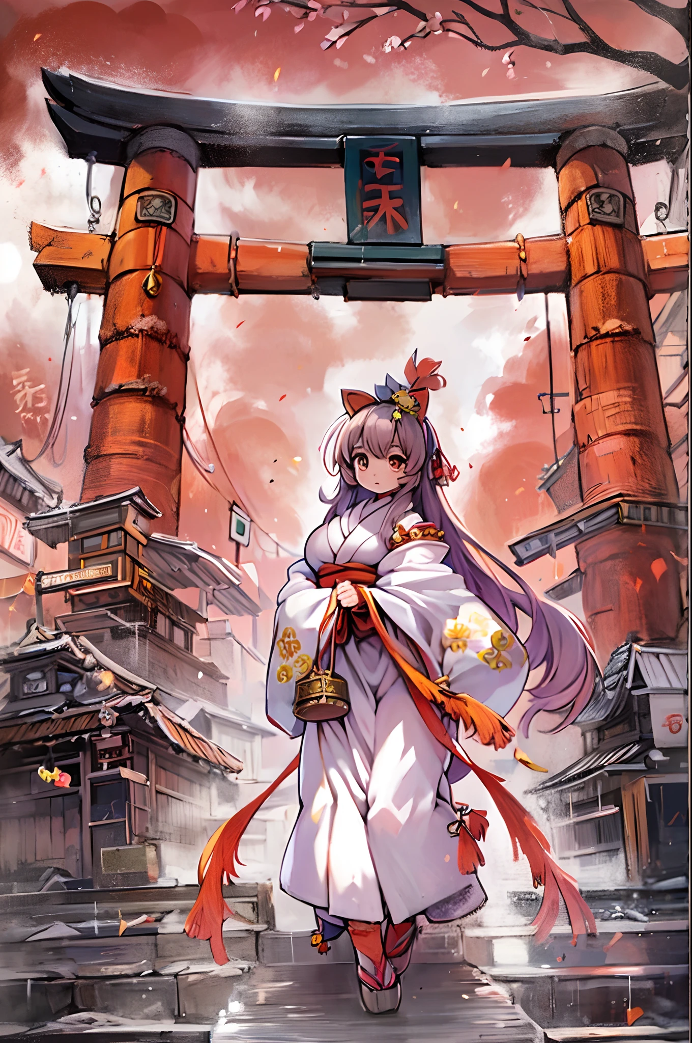 Tanuki Woman、body covered with fur、huge-breasted、kawaii、shrine maiden、Japan white clothes,Red Hakama、torii gate,summer day、From below、Wide Shot