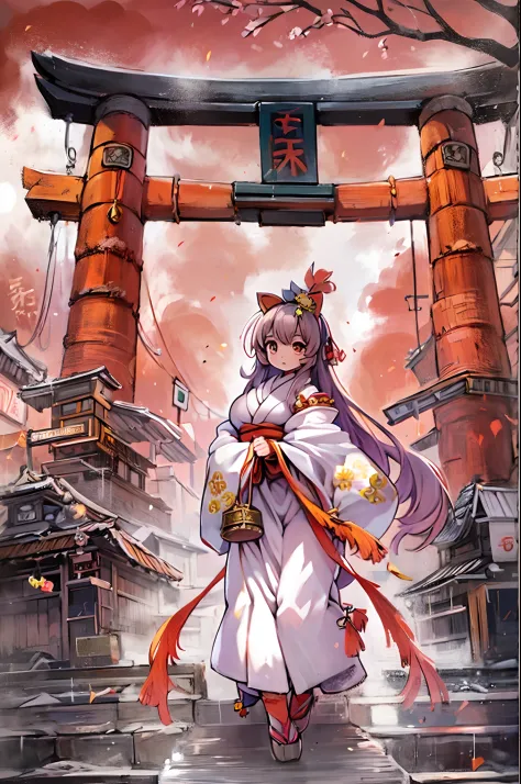 Tanuki Woman、body covered with fur、huge-breasted、kawaii、shrine maiden、Japan white clothes,Red Hakama、torii gate,summer day、From ...