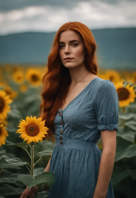 A woman with red hair standing in a field of sunflowers - SeaArt AI