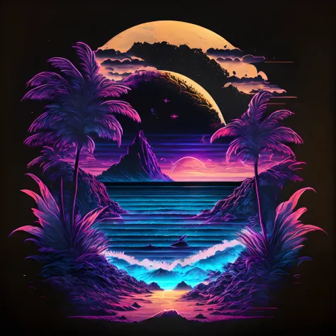 Beach at night, (with black background:1.6)，T-shirt design, MIDJOURNEY, vectorial art, Hydro74