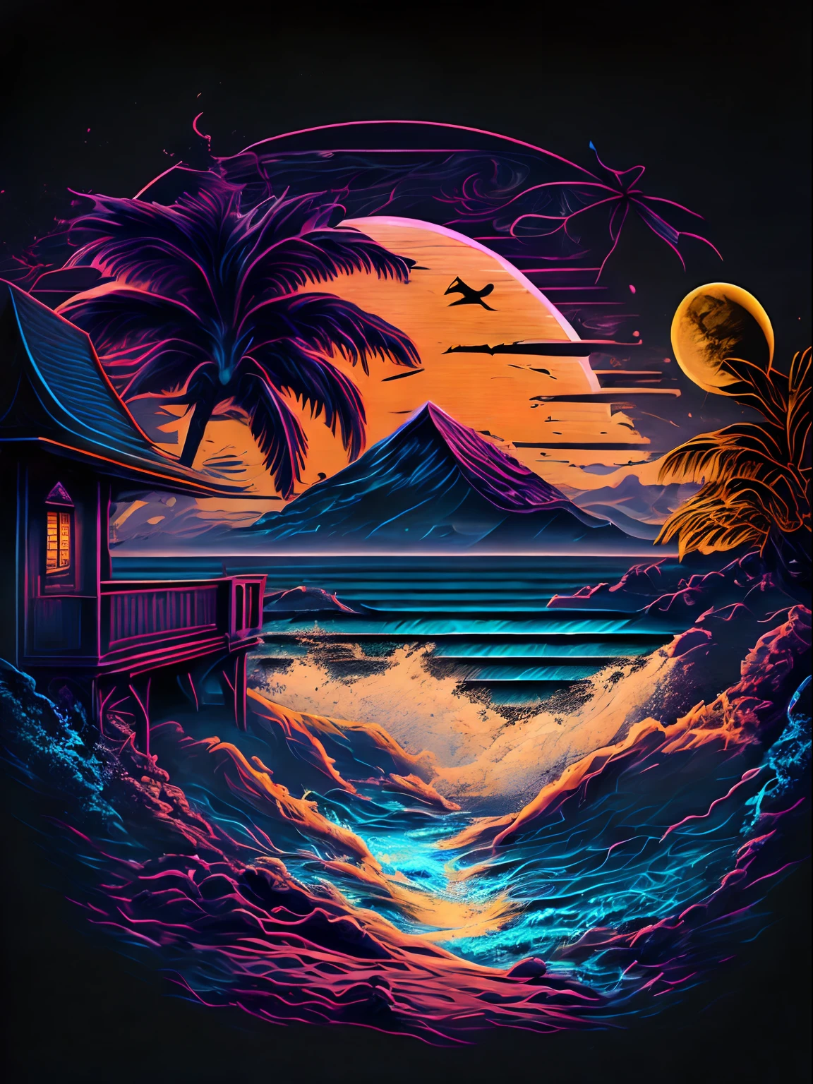 Strand bei Nacht, (mit schwarzem Hintergrund)，T-Shirt Design, mitten auf der Reise, vektorkunst, Hydro74