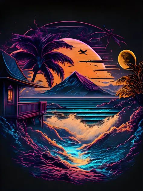 Beach at night, (with black background)，T-shirt design, MIDJOURNEY, vectorial art, Hydro74