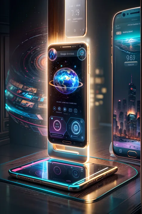 Image of a design a phone in the future, a smartphone as a hard light structure, holographic hard light screen, the scene shows different apps, futuristic technology