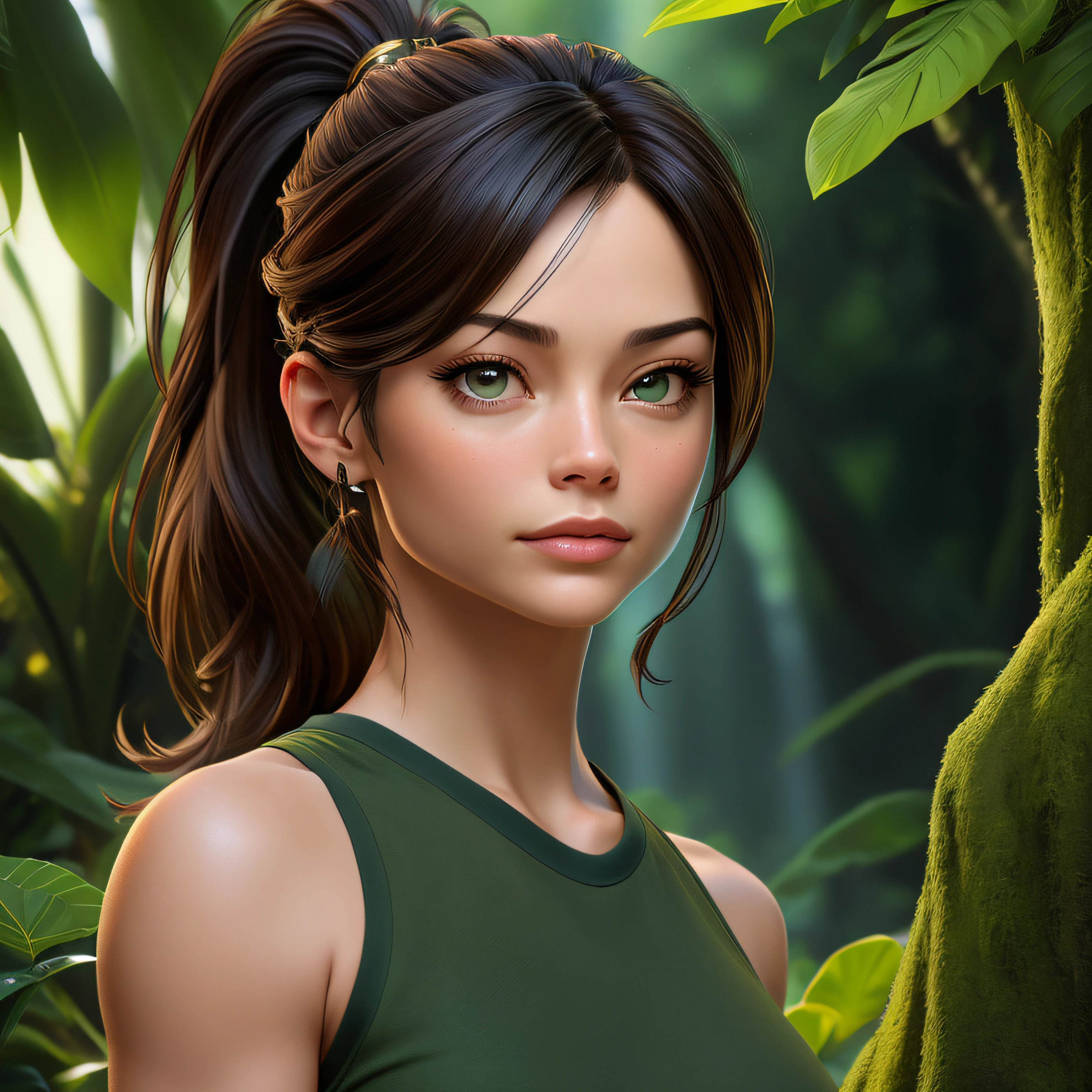 A woman with a ponytail in a green top standing in front of a tree ...