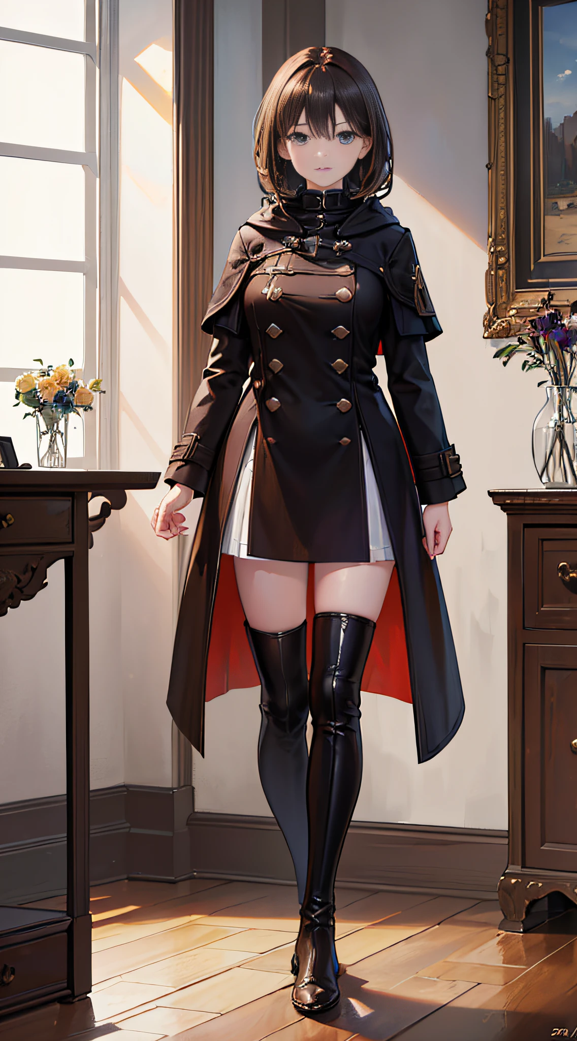 (best quality,4k,8k,highres,masterpiece:1.2),ultra-detailed,(realistic,photorealistic,photo-realistic:1.37),A girl with shoulder-length brown hair and amber eyes, wearing a hooded black coat, brown stockings, and black knee-high boots, standing in a living room.