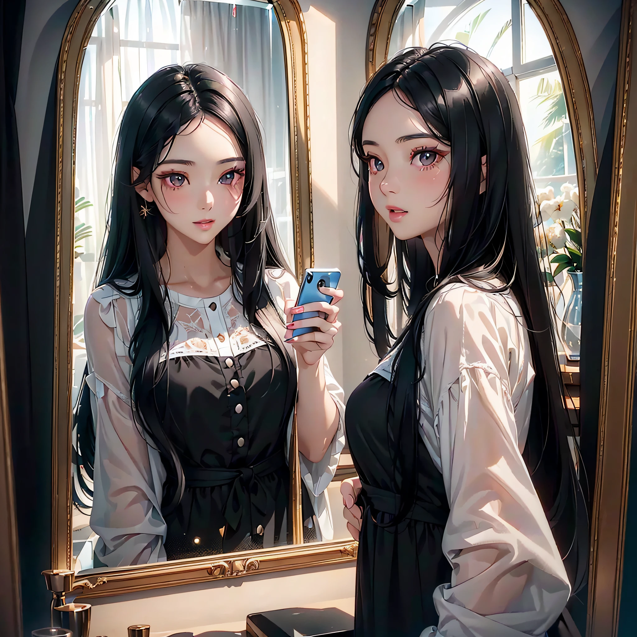 ((Face to face２Semi-long black hair beautiful girl taking a selfie with her smartphone in between the mirrors)):1.9、Perfect Ray Tracing、Highly detailed background，Realistic，ultra-detailliert，super detailed skin，light glow，Film grain，Expro II，Lens Flare，Sharpen，cinematic shadow