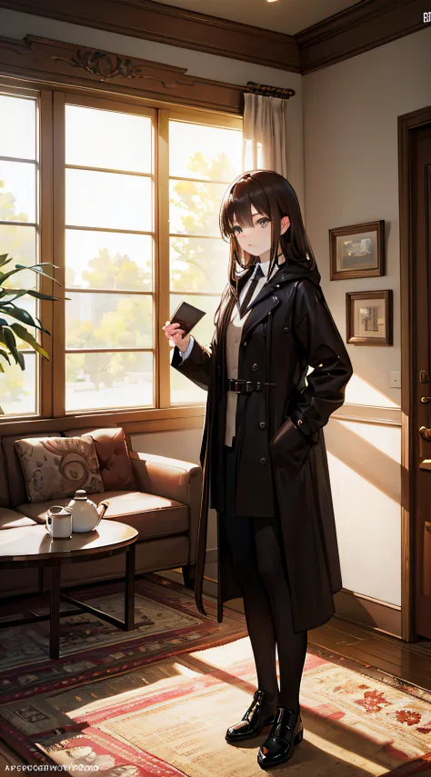 A girl with shoulder-length brown hair and amber eyes, Wears a black trench coat with a hood, Brown stockings, and black knee-length boots, standing in living room. 
(Best quality,4K,8K,A high resolution,Masterpiece:1.2), Ultra-detailed, (Realistic,Photore...