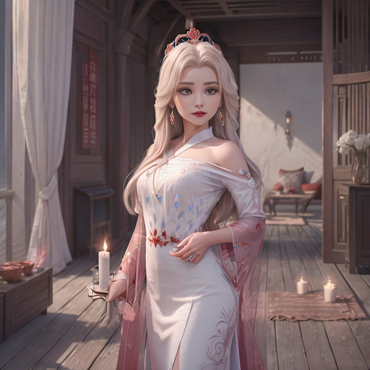 (ultra-realistic 8k CG: 1.2), Perfect artwork, delicate patterns, details Intricate, (Unparalleled masterpiece, best qualityer: 1.2), (extremely complex: 1.2), uma mulher em um vestido rot e dourado, Phoenix Crown, hair stick, (sitting on a red bed), make-up, blush, shyness, blackw_Hair, looking to the down, cosmetics, (forehead point), (2 red candles), Chinese_Clothes, blinds, aretes, Hair_Embellishment,Hanfu, hinterland, jewelries, red nails, long_sleeveless, vestido rot, red lips, tassels, (Red quilt), (red palace: 1.2), (ancient Chinese architecture), (rot: 1.8), natta
