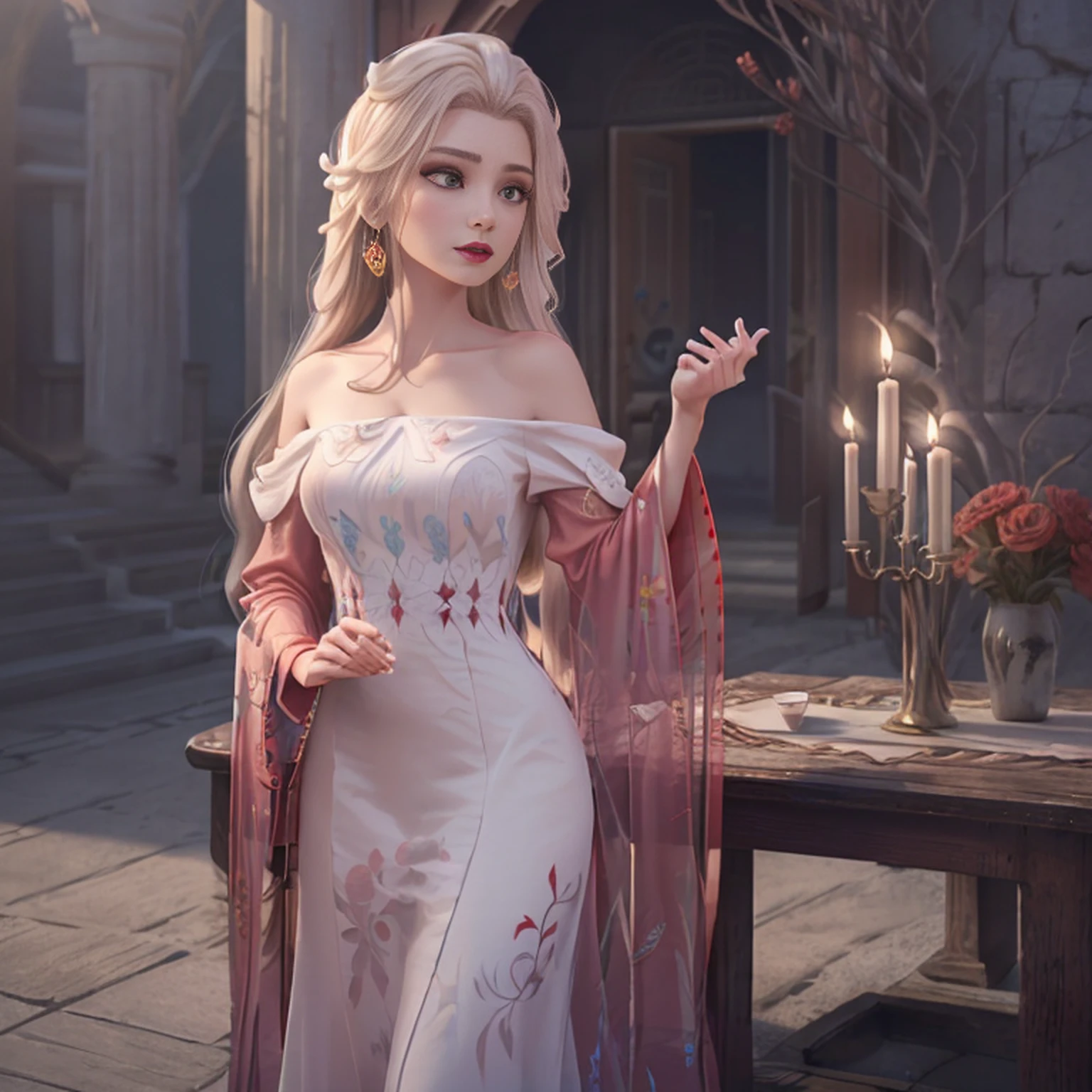 (ultra-realistic 8k CG: 1.2), Perfect artwork, delicate patterns, details Intricate, (Unparalleled masterpiece, best qualityer: 1.2), (extremely complex: 1.2), uma mulher em um vestido rot e dourado, Phoenix Crown, hair stick, (sitting on a red bed), make-up, blush, shyness, blackw_Hair, looking to the down, cosmetics, (forehead point), (2 red candles), Chinese_Clothes, blinds, aretes, Hair_Embellishment,Hanfu, hinterland, jewelries, red nails, long_sleeveless, vestido rot, red lips, tassels, (Red quilt), (red palace: 1.2), (ancient Chinese architecture), (rot: 1.8), natta