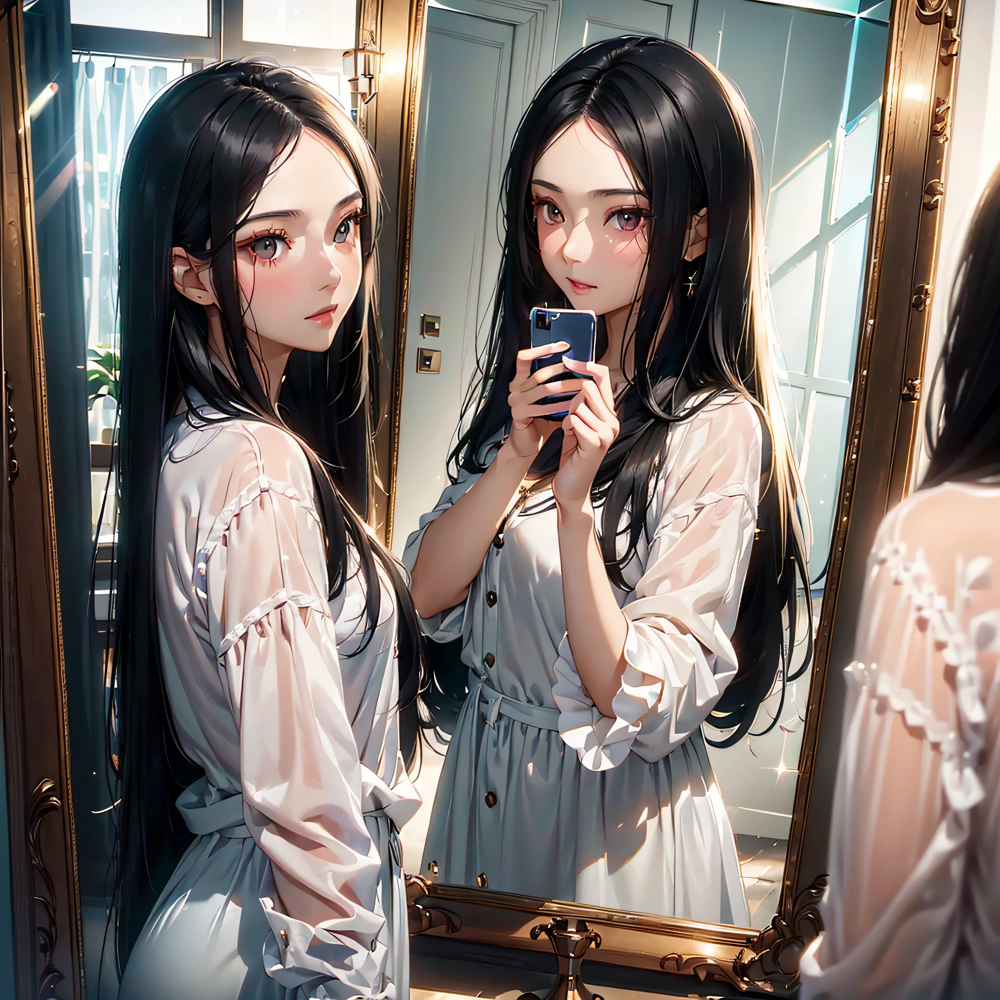 ((Face to face２Semi-long black hair beautiful girl taking a selfie with her smartphone in between the mirrors)):1.9、Perfect Ray Tracing、Highly detailed background，Realistic，ultra-detailliert，super detailed skin，light glow，Film grain，Expro II，Lens Flare，Sharpen，cinematic shadow