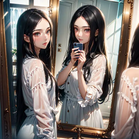 ((Face to face２Semi-long black hair beautiful girl taking a selfie with her smartphone in between the mirrors)):1.9、Perfect Ray ...