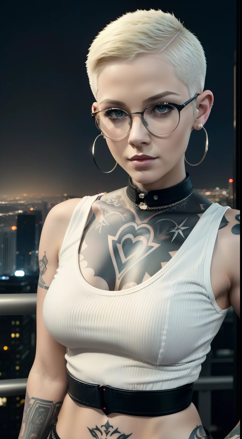 A close up of a woman with glasses and a tattoo on her chest - SeaArt AI