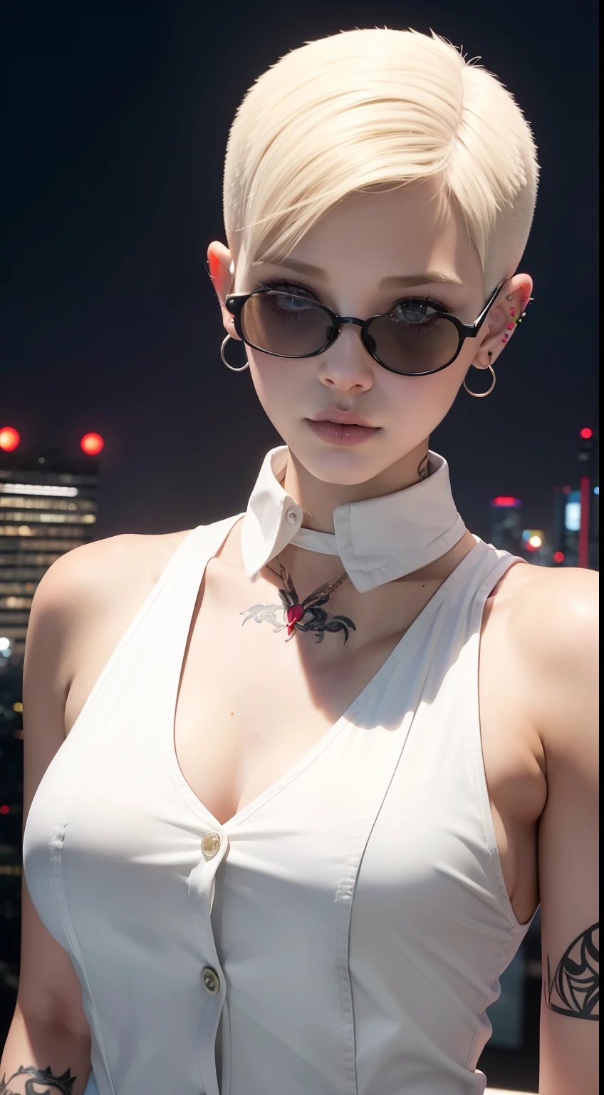 Girl, Riley Nixon haircut, shaved hair, Blonde hairstyle, Very short hair, Bald,, White vest shirt, Red Moon tattoo, Tattoo on the right arm, Wearing glasses, Blonde hairstyle, Riley Nixon haircut, Lipstick Black, Piercings in the face, On a skyscraper, looking at viewert, Storm City, 4K