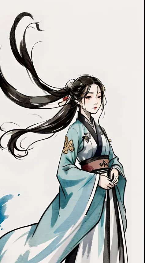 zydink， Mono Color， Ink sketch， 1girll， Asian people （shoun）， Combat posture， looking at viewert， long whitr hair， Floating hair， Hanfu， Chinese clothes， longer sleeves， （abstract ink splash：1.2）， white backgrounid