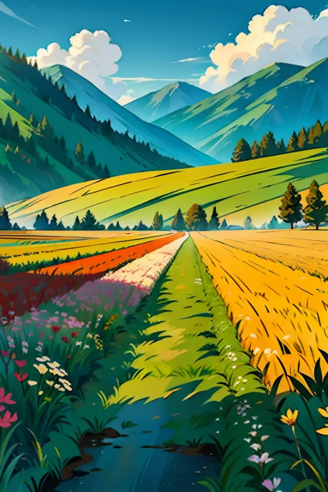 A painting of a springtime landscape, a perspective view of rows of plowed fields, midday light.