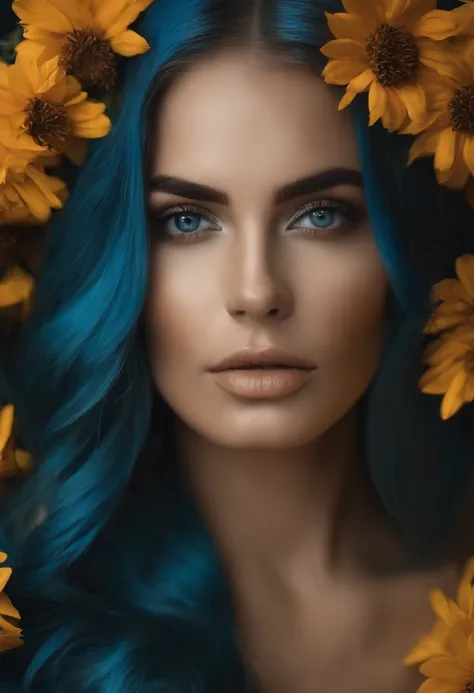 A woman with blue hair and flowers in her hair - SeaArt AI