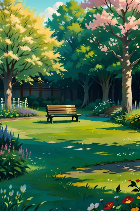 A painting of a springtime landscape, green trees and flowers, a park bench in garden of flowers, midday light.