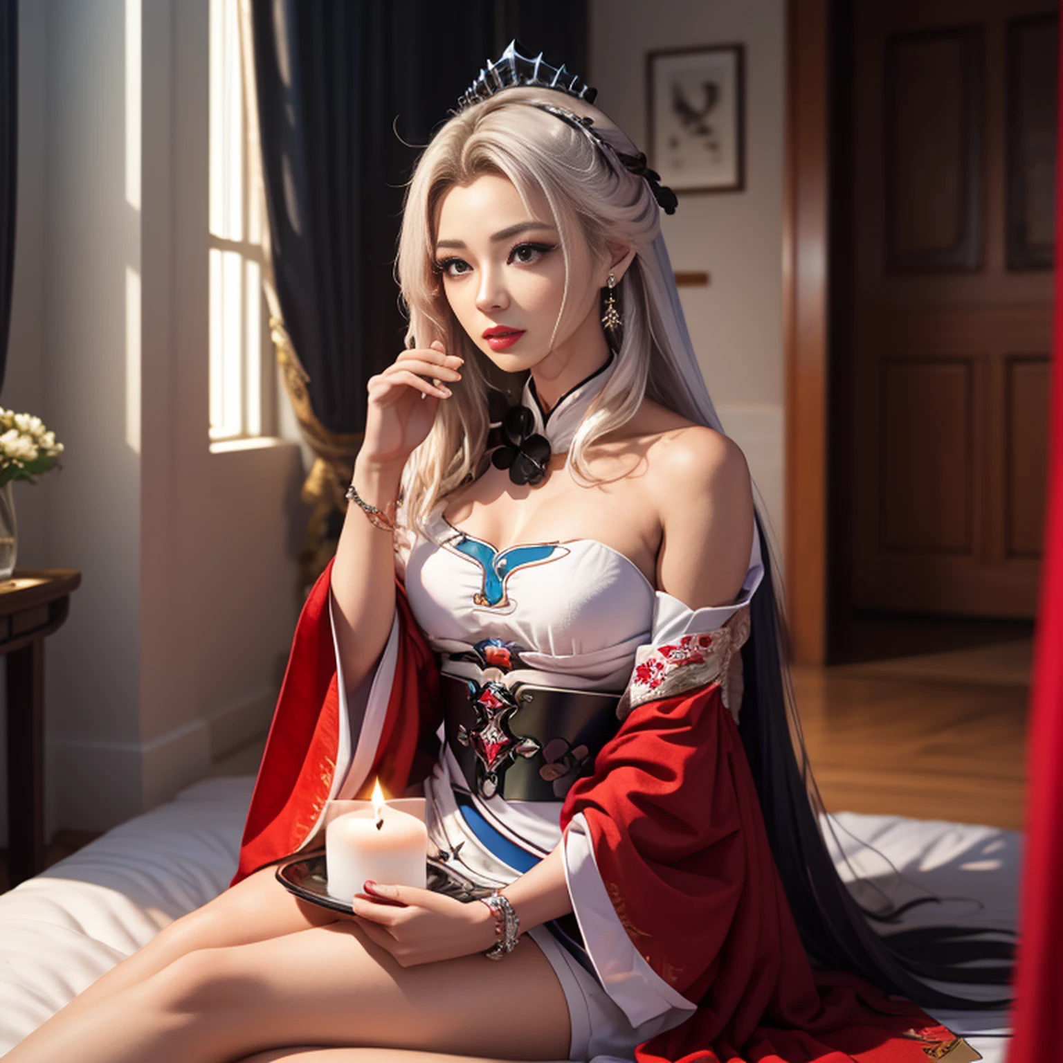 (ultra-realistic 8k CG: 1.2), Perfect artwork, delicate patterns, details Intricate, (Unparalleled masterpiece, best qualityer: 1.2), (extremely complex: 1.2), uma mulher em um vestido rot e dourado, Phoenix Crown, hair stick, (sitting on a red bed), make-up, blush, shyness, blackw_Hair, looking to the down, cosmetics, (forehead point), (2 red candles), Chinese_Clothes, blinds, aretes, Hair_Embellishment,Hanfu, hinterland, jewelries, red nails, long_sleeveless, vestido rot, red lips, tassels, (Red quilt), (red palace: 1.2), (ancient Chinese architecture), (rot: 1.8), natta