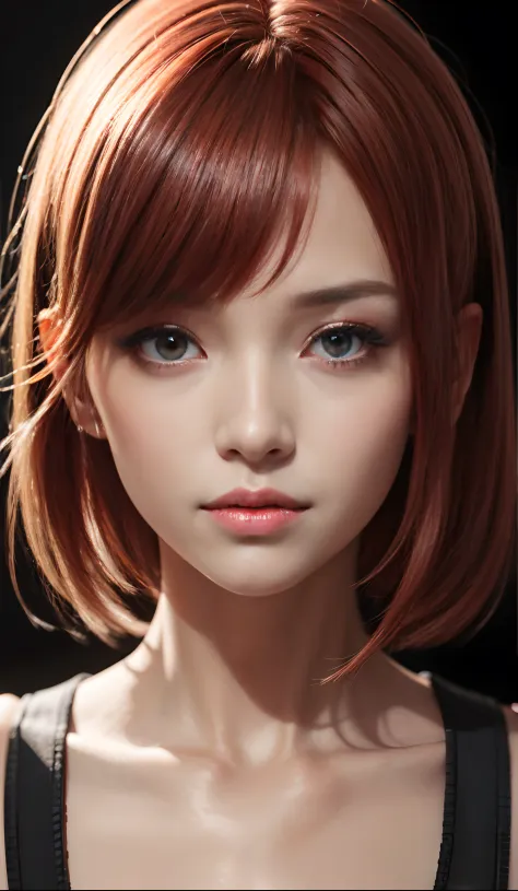 1girl, star eye, blush, perfect illumination, red hair, red eyes, unreal engine, sidelighting, detailed face, bangs, bright skin, simple background, dark background,