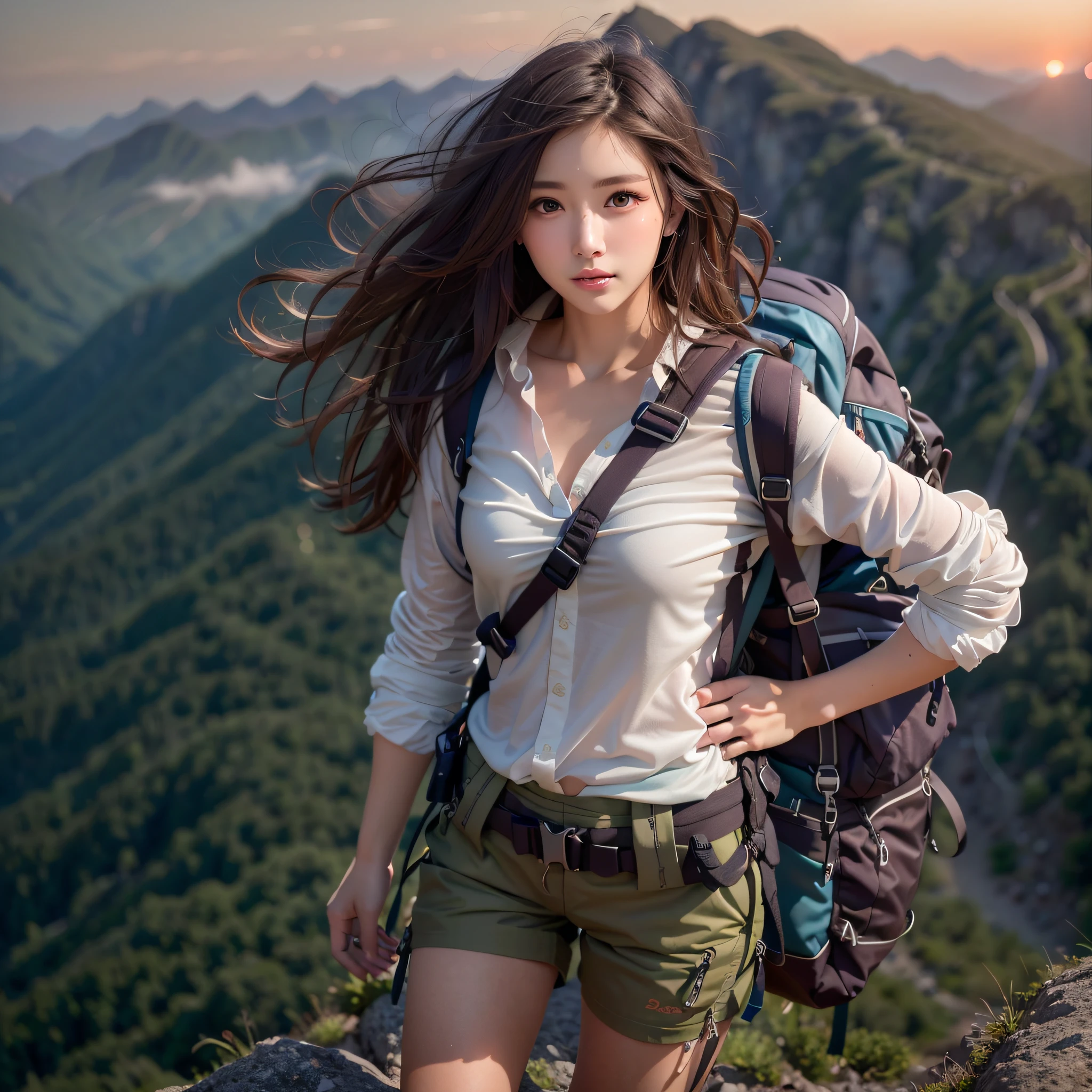 (Naturescape photography), (best quality), masterpiece:1.2, ultra high res, photorealistic:1.4, RAW photo, (Magnificent mountain, sea of clouds), (On a very high mountain peak), (sunset), (wideangle shot),  (Show cleavage:0.8),
(1girl), (Photo from the knee up:1.3), (18 years old), (smile:0.9), (shiny skin), (semi-long hair, dark brown hair), 
(loose white shirts, Trekking shorts), (Carrying a large backpack), 
(ultra detailed face), (ultra Beautiful fece), (ultra detailed eyes), (ultra detailed nose), (ultra detailed mouth), (ultra detailed arms), (ultra detailed body), pan focus, looking at the audience