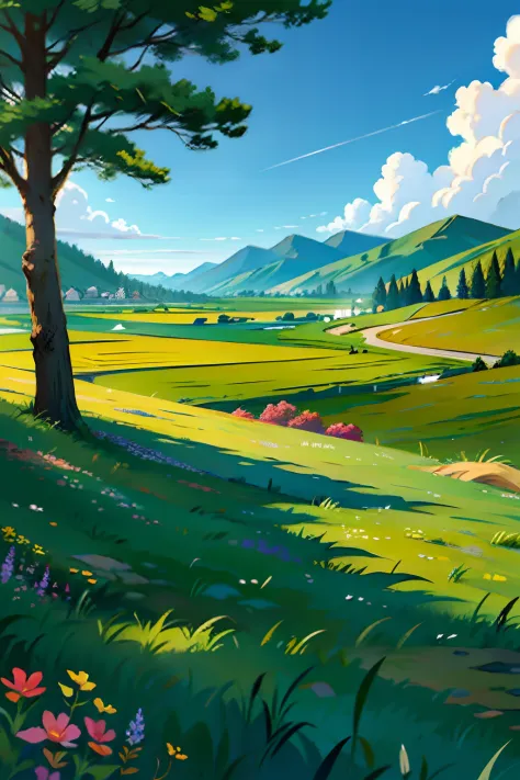 A painting of a summertime landscape, a wide open grassy hill, daytime light.