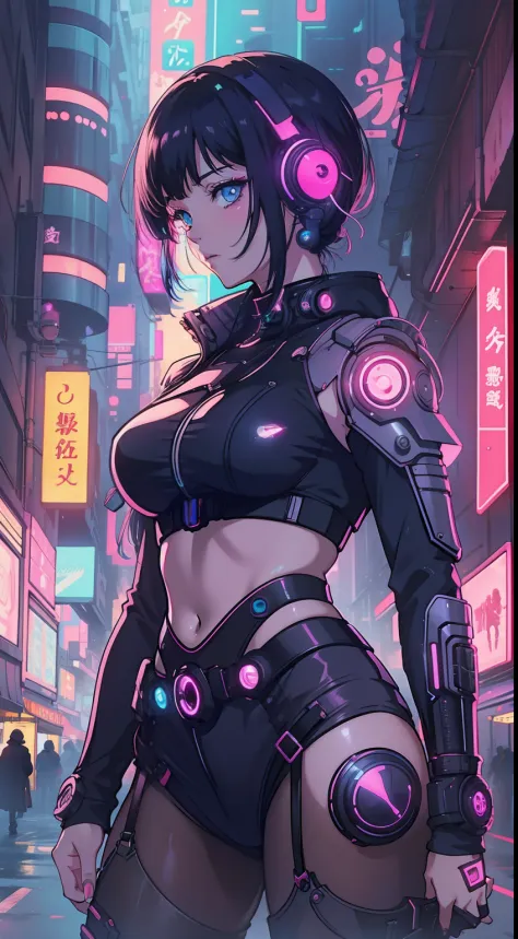 rosto feminino estilo anime shoujo, cyberpunk, neon, dark