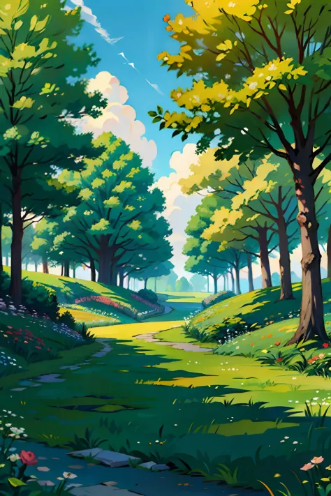 A painting of a summertime landscape, green trees, green grass, a big rose bush, daytime light.