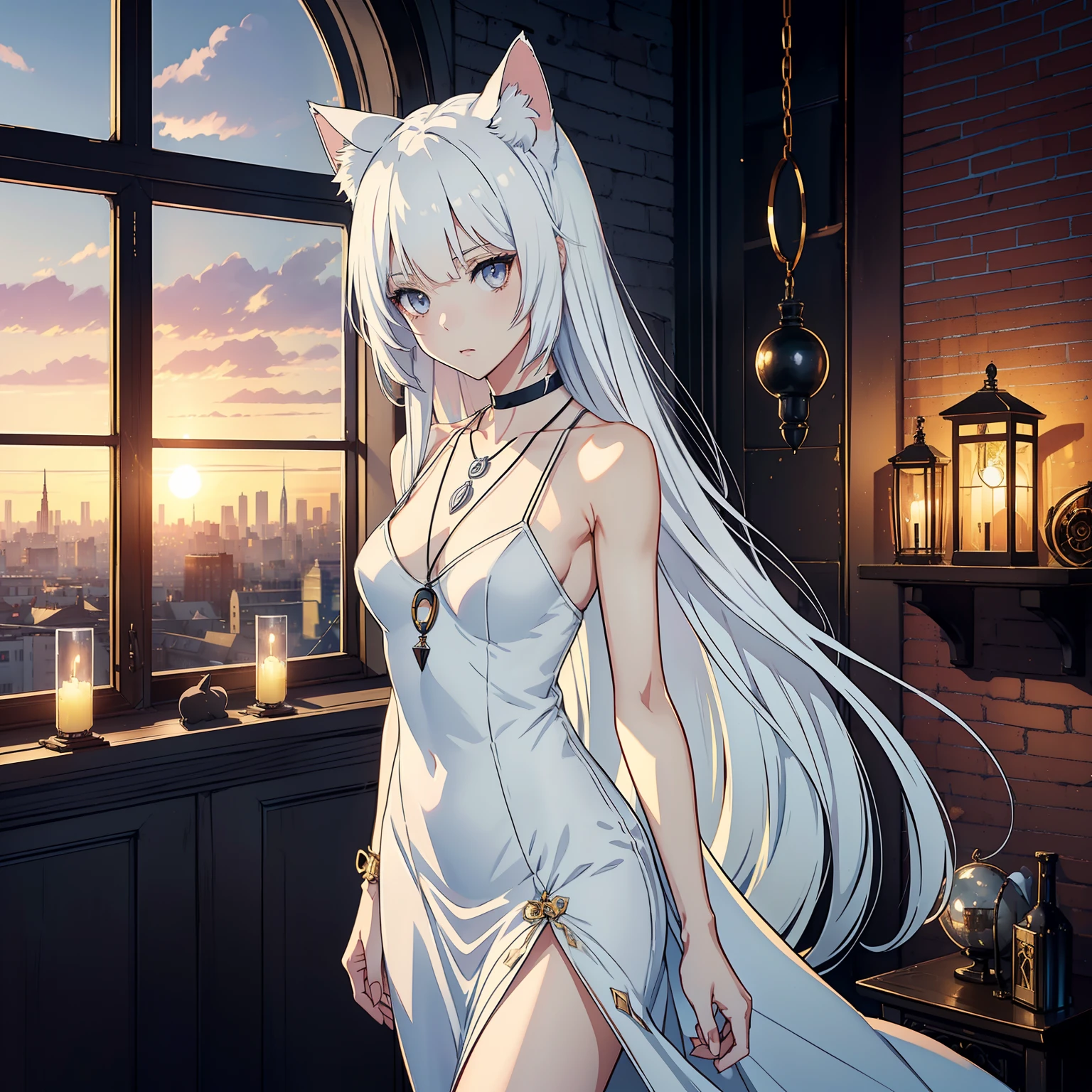 (skinny body, elegant posture), (best quality, 4k, 8k, high-res, masterpiece, ultra-detailed, anime style), (1 girl, solo, cat ears, long bob, white hair, gray eyes, catgirl, looking at viewer), (pendant, erring, white long dress), (city loft behind), sunset, panoramic windows loft, warm ambience