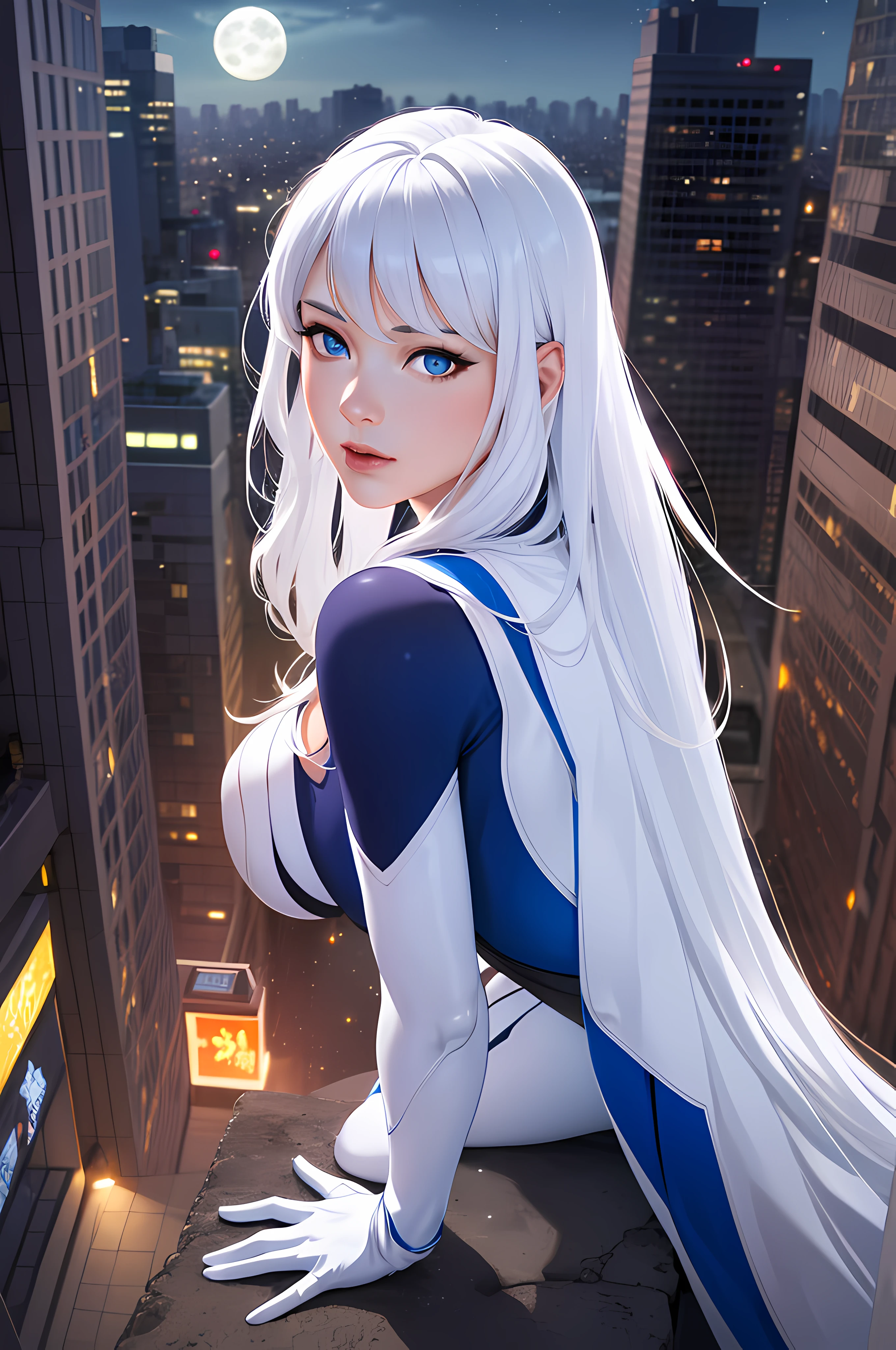 (Masterpiece, 4K 分辨率, Ultra-realistic, Highly detailed), (White costume superhero theme, Charismatic, Girl at the top of the city, Wearing a white Spider-Man costume, superheroine), [((23 years old), (Long white hair:1.2), Full-body, (Blue eyes:1.2), (Spider-Man dynamic pose) ((Resilient urban environment):0.8)| (view over city, during night, dynamic lights), (full moon))]