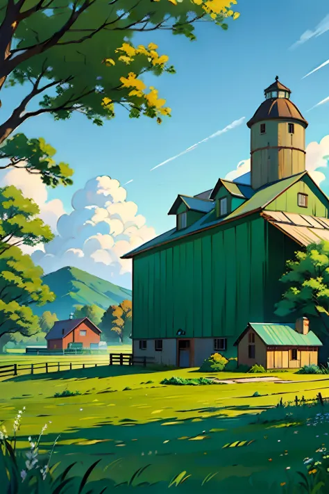 A painting of a summertime landscape, green trees, green grass, farm buildings with silos, daytime light.