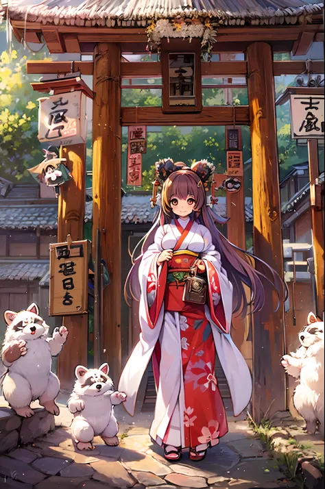 Tanuki Woman、body covered with fur、huge-breasted、kawaii、shrine maiden、Japan white clothes,Red Hakama、torii gate,summer day、From ...