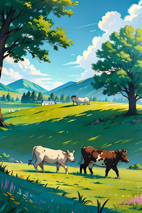 A painting of a summertime landscape, cows in a wide open field of grass, daytime light.