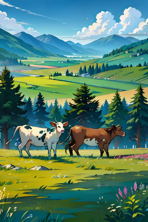 A painting of a summertime landscape, cows in a wide open field of grass, daytime light.