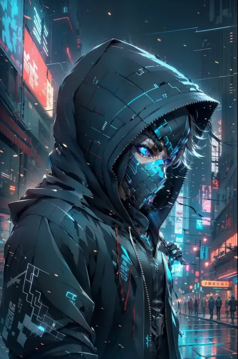 There was a boy wearing a mask and a black hoodie，With a knife in his hand, Hyper-realistic cyberpunk style，Digital cyberpunk anime style，cyan colors