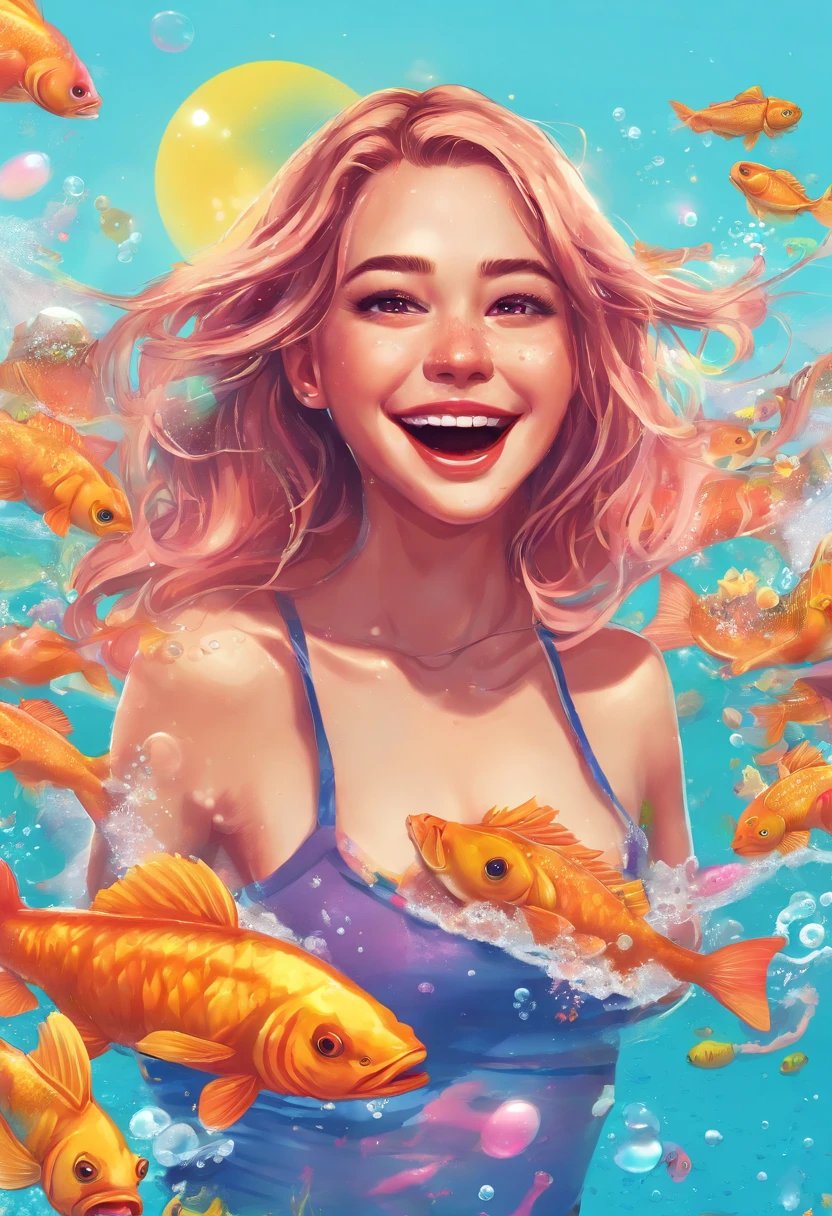 There is a girl swimming in the water, happy smile, sunny face, innocent girl, big, lots of blisters, bubbles, a lot of fish, cute digital painting, beautiful digital artwork, realistic effect, high texture