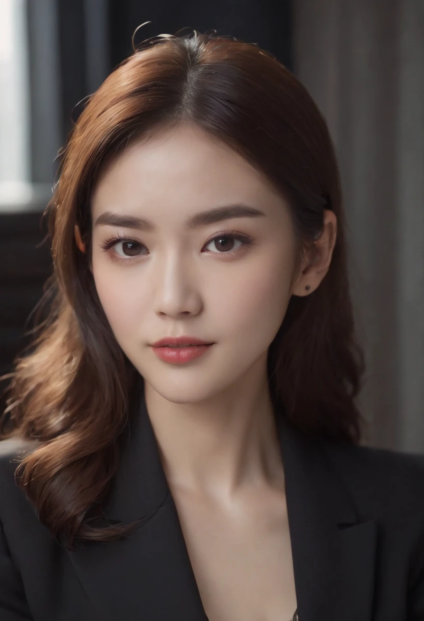 ((Best Quality, 8K)), Working on a computer, 1人の女性, Beautuful Women, Slim Face, Black Suit, Double eyelids, Sit up