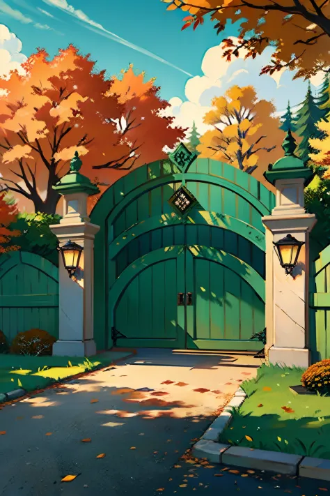 A painting of an autumn landscape, green trees and autumn trees, a fence with a gate that is closed, afternoon light.