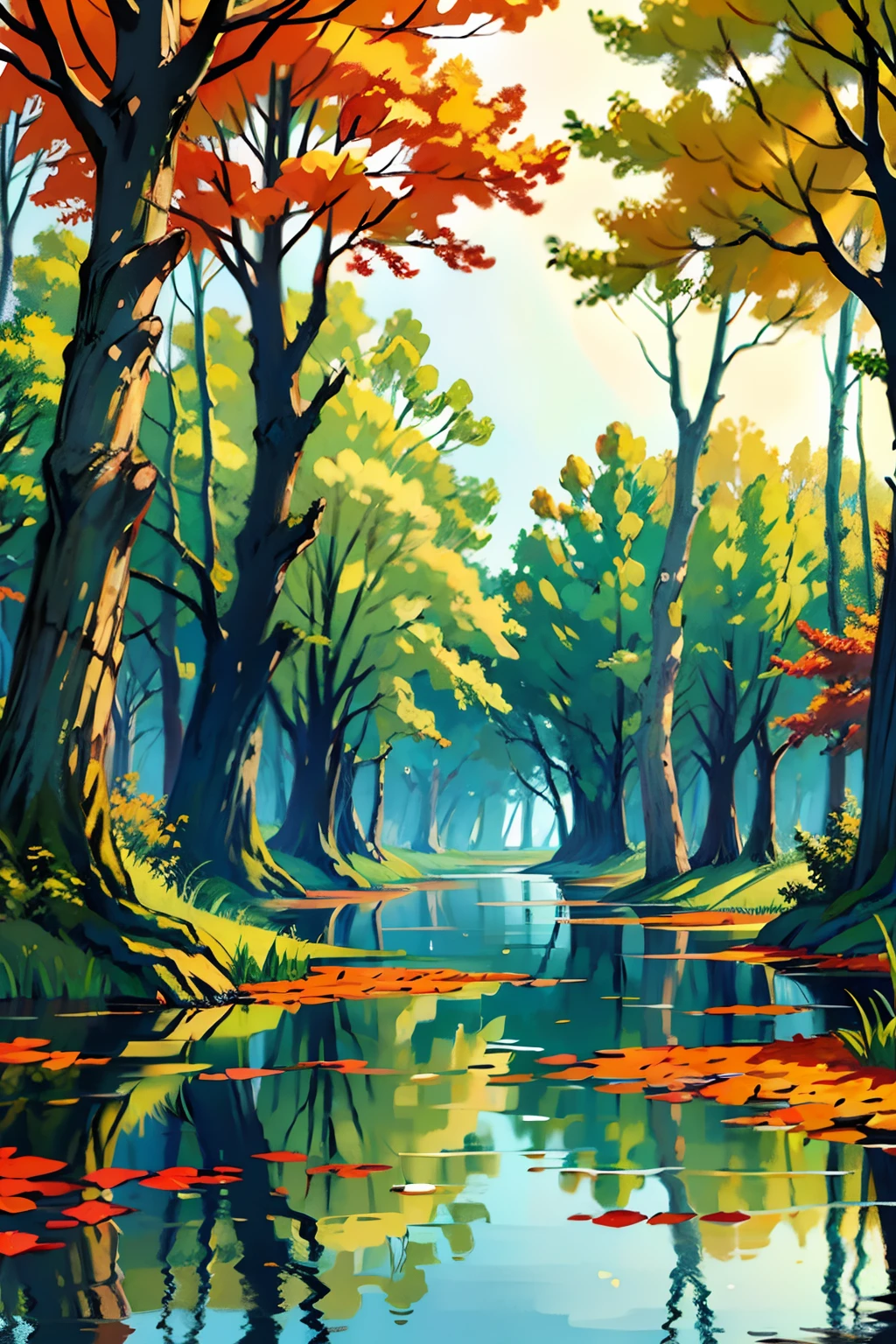 A painting of an autumn landscape, green trees and autumn trees, a swamp with an alligator, afternoon light.