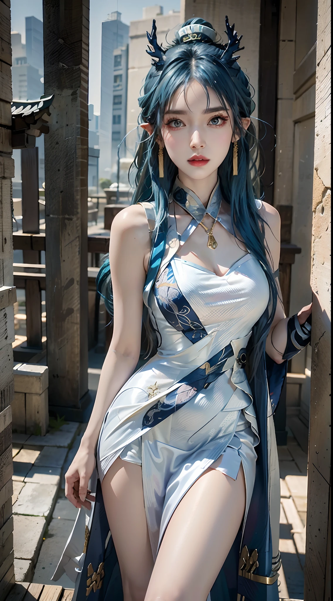 photorealistic, high resolution, 1women, mature female, solo, hips up, china dress, tail, white dress, jewelry, OriginalOutfit, Ling Shorts, tassel earrings, blue hair, braided hair