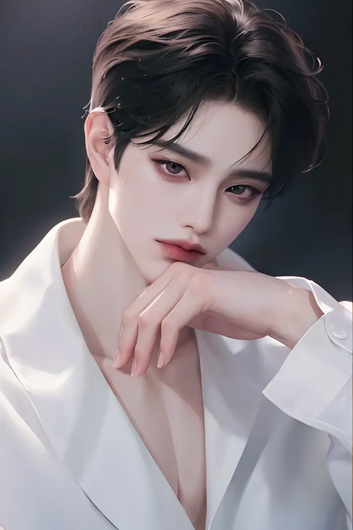 ((black hair)),((badboy)),((ulzzang)),((handsome)),((1man)),((sensuality eyes)),((male)),((wolf cut hairstyle)),((center)),((8k resolution)),((perfect hands)),((model)),((pose)),((sony A7 Mark 3)),((lens 50mm)),((white studio))