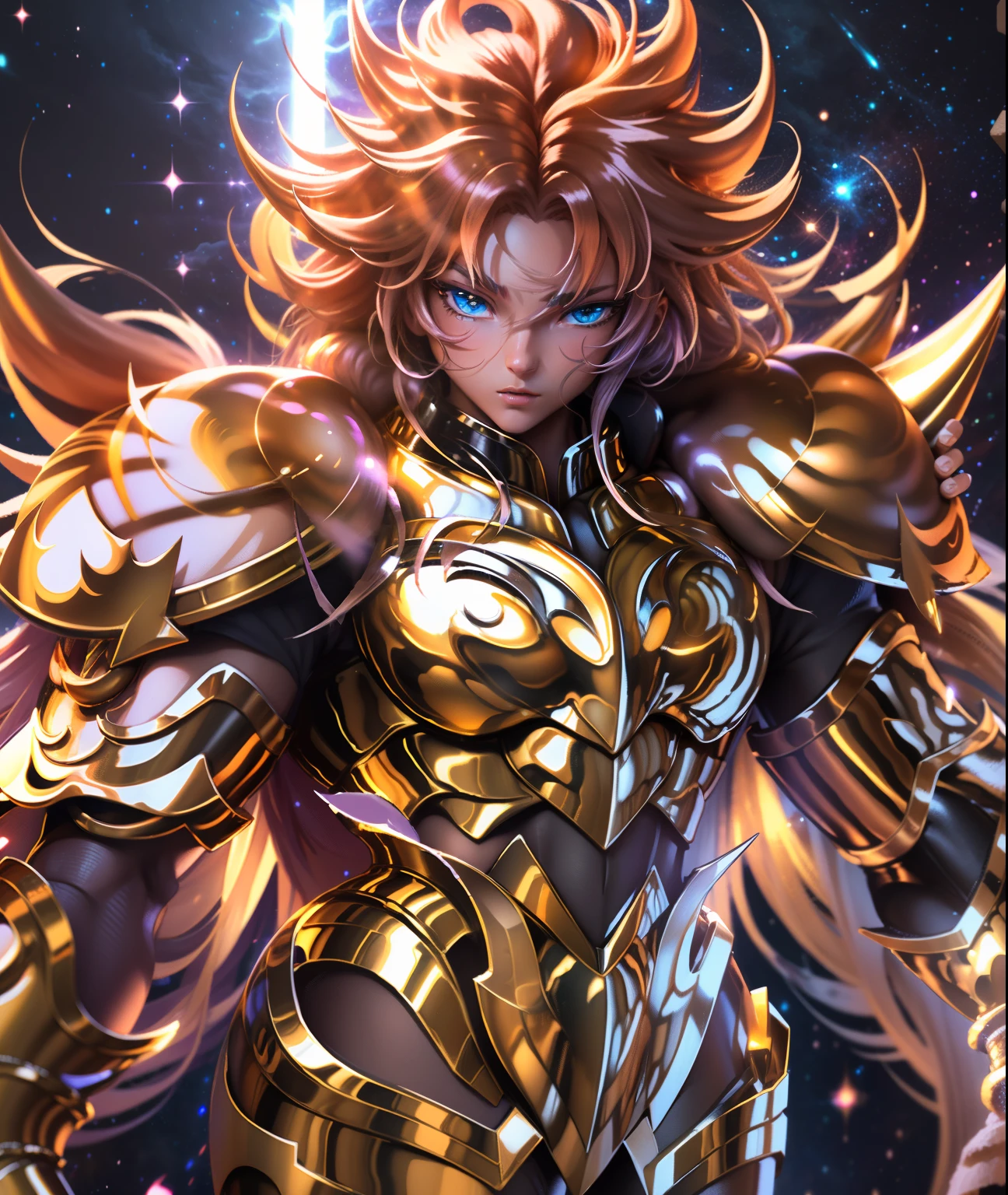 Ultra-high saturation，（tmasterpiece）， fully body photo，（best qualtiy）， （1girll）， starryskybackground，Wearing shiny gold armor， Sexy lingerie type armor，Expose your chest，Expose the waistline，Exposing thighs，cool-pose， Saint Seiya Armor， messy  hair，high detal, Anime style, Cinematic lighting, Sparkle, god light, Ray traching, filmgrain, hyper HD, textureskin, super detailing, Anatomical correct, A high resolution，Ultra-high saturation，hight contrast，High-gloss armor，Smooth skin，Serious expressions