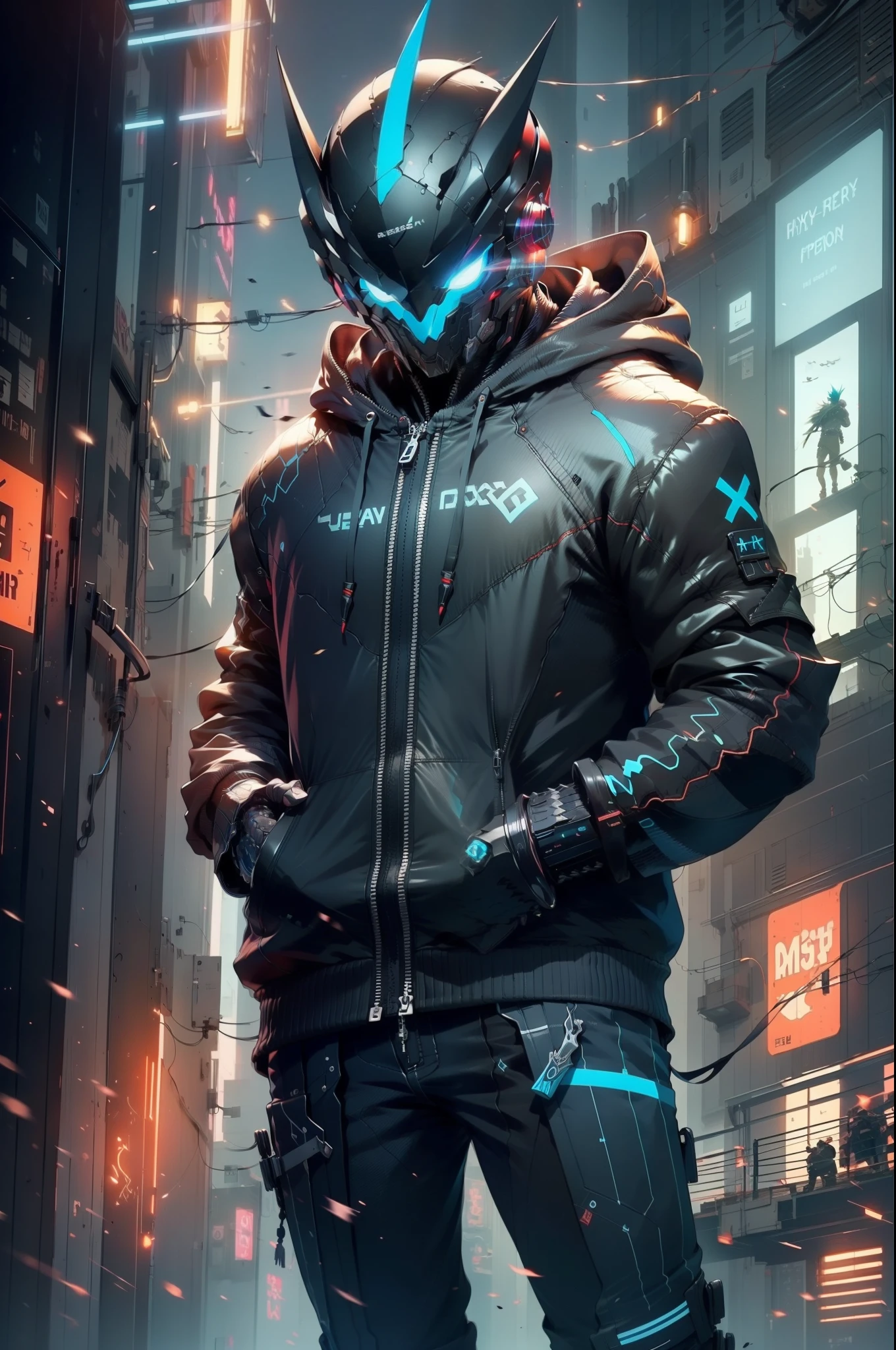 Havia um menino usando uma máscara e um moletom preto，com uma faca na mão, estilo cyberpunk hiper-realista，Estilo de anime cyberpunk digital，cores ciano