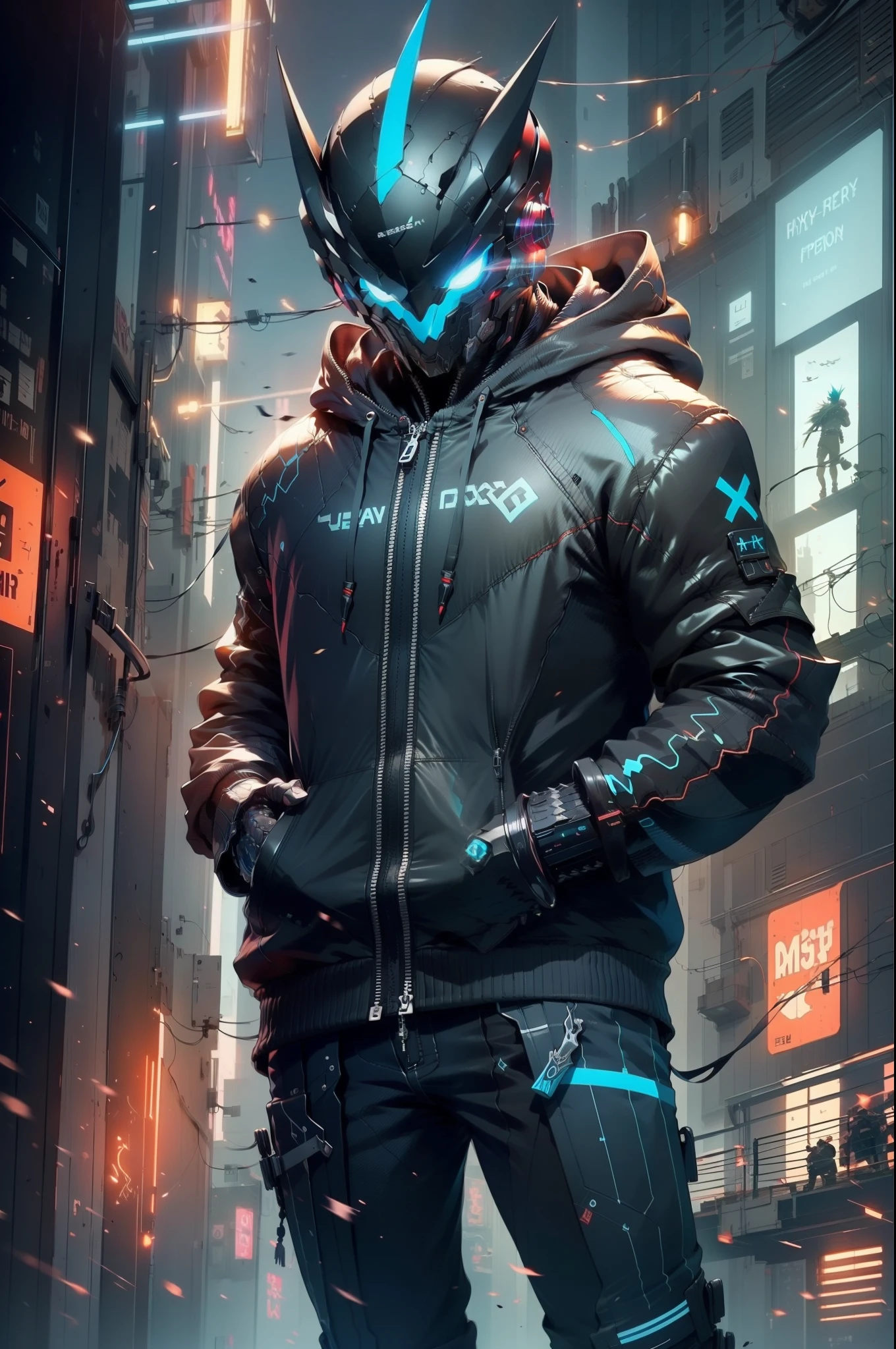 Había un niño que llevaba una máscara y una sudadera con capucha negra.，Con un cuchillo en la mano, estilo cyberpunk hiperrealista，Estilo anime ciberpunk digital.，colores cian